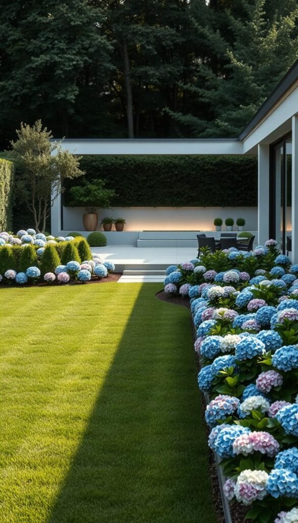 A meticulously maintained modern backyard with a lush, hydrangea-filled landscape. In the foreground, a neatly manicured lawn stretches out, framed by carefully arranged hydrangea bushes in shades of blue, pink, and white. The middle ground features a sleek, minimalist patio with contemporary outdoor furniture, creating a seamless transition between the vegetation and the living space. In the background, a subtle, low-profile water feature reflects the soft, diffused light, emanating a serene and calming atmosphere. The overall scene is captured with a wide-angle lens, emphasizing the harmonious balance between the natural and the manmade elements, conveying a sense of sophisticated and intentional landscaping design.