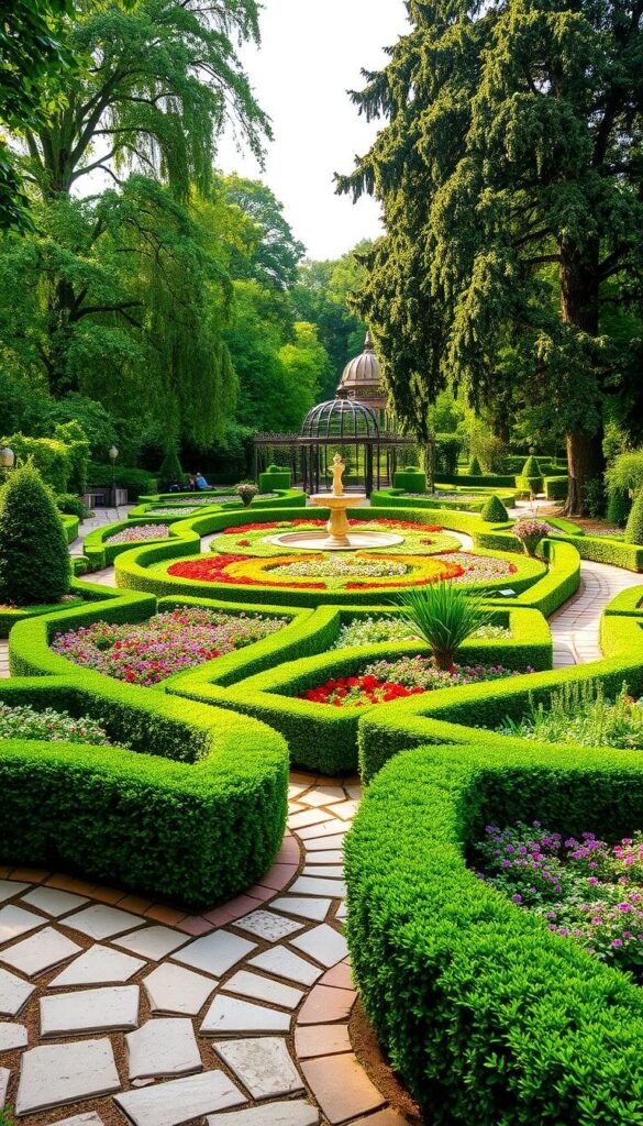 A meticulously manicured English garden, brimming with lush greenery and meandering pathways. In the foreground, a series of neatly trimmed hedges frame the winding stone walkways, inviting visitors to explore. The middle ground showcases a tapestry of vibrant flower beds, their colors harmoniously blending together. Towering trees provide a verdant backdrop, casting a warm, soft light across the serene scene. Ornamental structures, such as a wrought-iron gazebo or a quaint stone fountain, accent the tranquil atmosphere. The overall composition conveys a sense of order and balance, creating a harmonious and enchanting outdoor oasis.