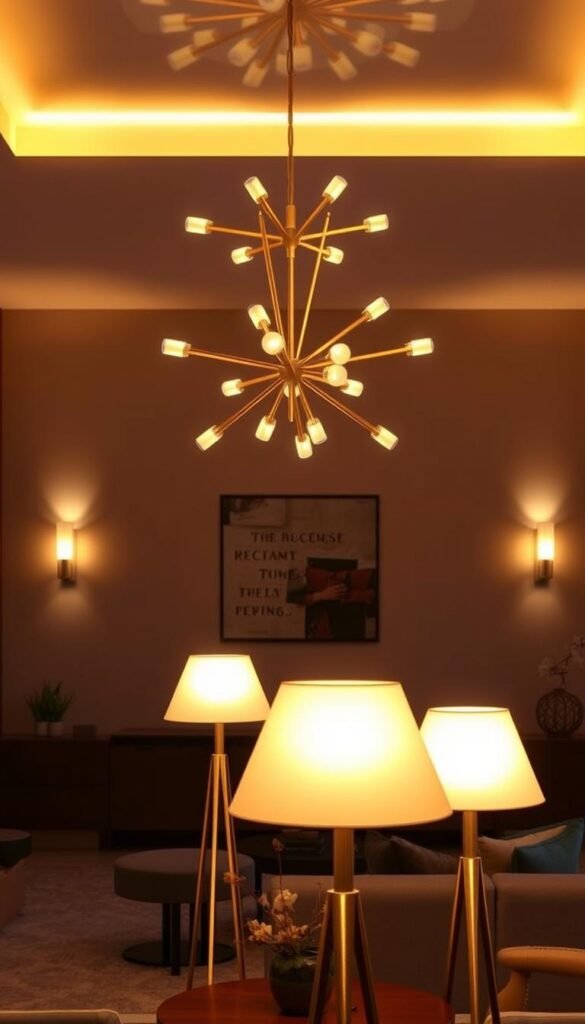 A mid-century modern living room bathed in warm, ambient light from a collection of sleek, sculptural lighting fixtures.