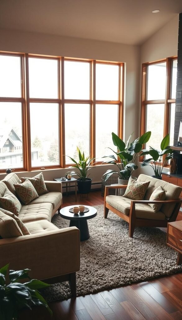A mid-century modern living room, bathed in warm, natural light filtering through large windows.