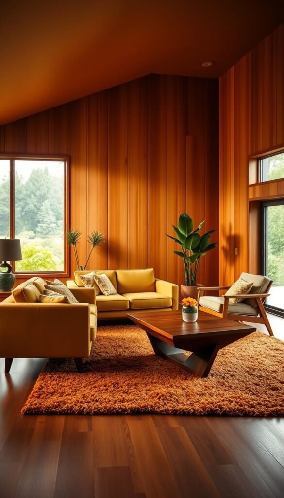 A mid-century modern living room bathed in warm, saturated hues of burnt orange, mustard yellow, and olive green.