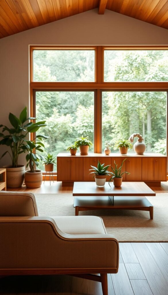 A mid-century modern living room with warm wooden elements.