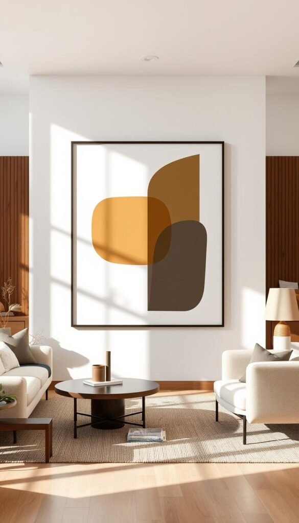 A mid-century modern wall art piece featuring a minimalist, geometric abstract design in a muted color palette of warm earth tones.