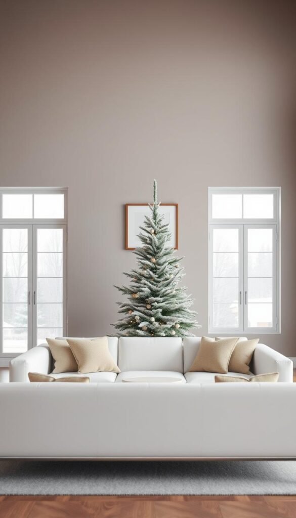 A minimalist Christmas living room with a warm, cozy ambiance.