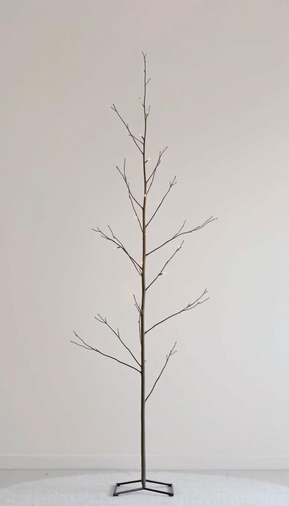 A minimalist Christmas tree, its slender, elegant form standing tall against a backdrop of soft, muted tones.