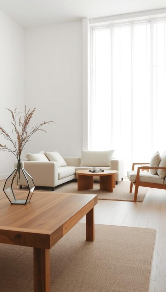 A minimalist Scandinavian living room with clean lines, natural textures, and a serene ambiance.