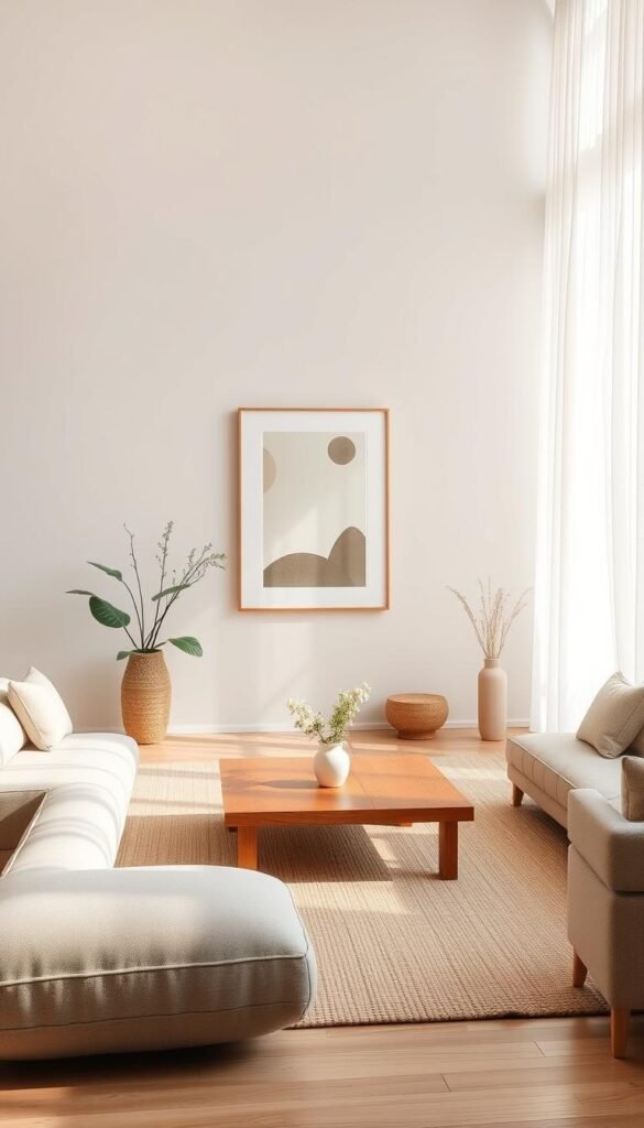 A minimalist and serene Japanese-Scandinavian living room with clean lines, natural materials, and a calming atmosphere.