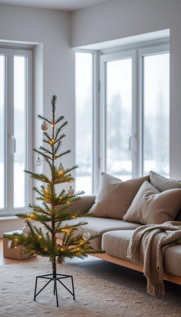 A minimalist and serene holiday living room with a clean, contemporary aesthetic.