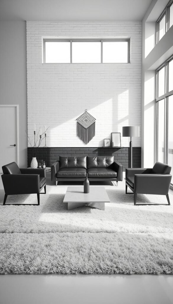 A minimalist black and white living room with clean lines and a mix of textures.