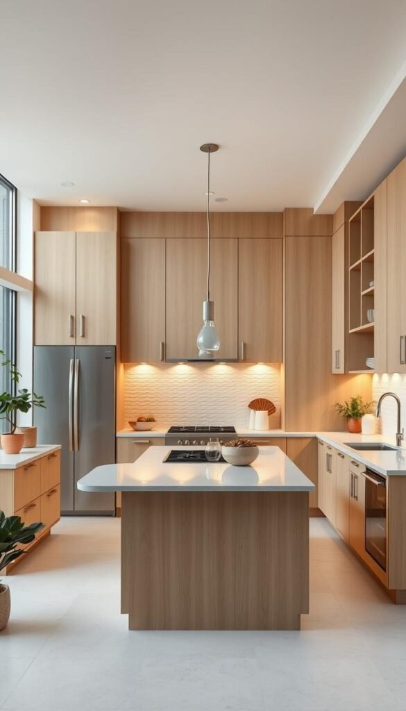 A minimalist contemporary kitchen with beige cabinetry, natural wood accents, and sleek stainless steel appliances. Warm indirect lighting casts a soft glow, illuminating the clean lines and neutral color palette. The backsplash features a subtle textured tile, complementing the quartz countertops. In the foreground, a central island provides ample workspace and seating, with pendant lights suspended overhead. Large windows allow natural light to flood the space, creating an airy, serene atmosphere. Potted plants and simple decor elements add organic touches, enhancing the effortless elegance of this beige kitchen design.