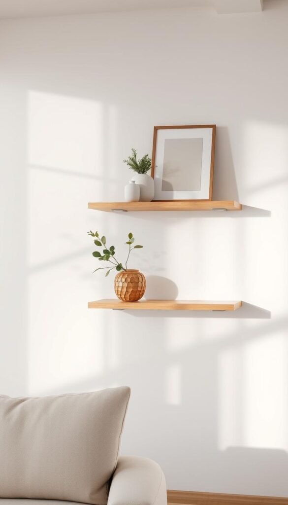 A minimalist floating shelf in a light-filled living room, showcasing a serene arrangement of natural elements.