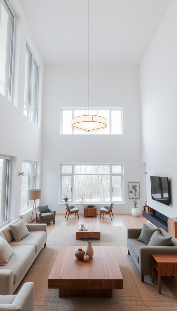 A minimalist, well-lit Scandinavian living room with clean lines and an airy, open layout.