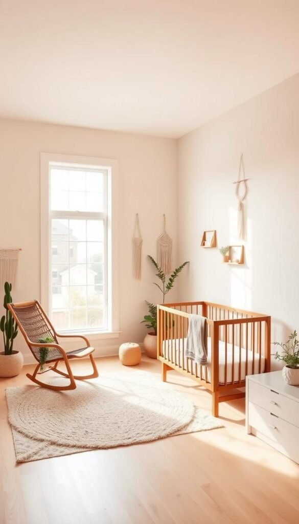 A minimalist, yet cozy boho nursery with clean lines and a modern twist. The focal point is a large, airy window that floods the room with natural light. A plush, neutral-toned area rug anchors the space, complemented by a mid-century modern rocking chair and a sleek, wood-framed crib. Delicate macrame wall hangings and potted plants add organic, textural elements, while a subtle, geometric-patterned accent wall provides visual interest. The overall atmosphere is calming and serene, with a palette of soft whites, beiges, and muted greens. Soft, diffused lighting casts a warm glow throughout the room, creating an inviting and tranquil environment.