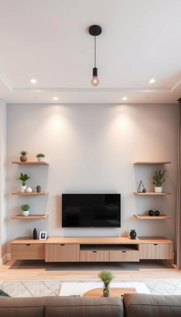 A minimalist yet stylish living room with a focal point TV wall.