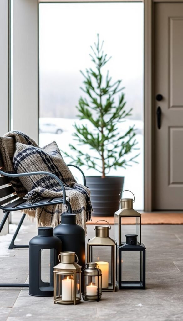 A modern and minimalist Christmas porch, featuring a sleek metal bench adorned with a textured plaid blanket. In the foreground, a cluster of metallic and matte black lanterns casts a warm, ambient glow. The middle ground showcases a potted evergreen tree, its simple yet striking silhouette framed by a neutral-toned door. The background depicts a snow-dusted landscape, with a soft, diffused light filtering through the overcast sky, creating a serene and harmonious atmosphere. The overall design exudes a refined, contemporary elegance, perfect for the "Modern and Minimalist Christmas Porch Designs" section.