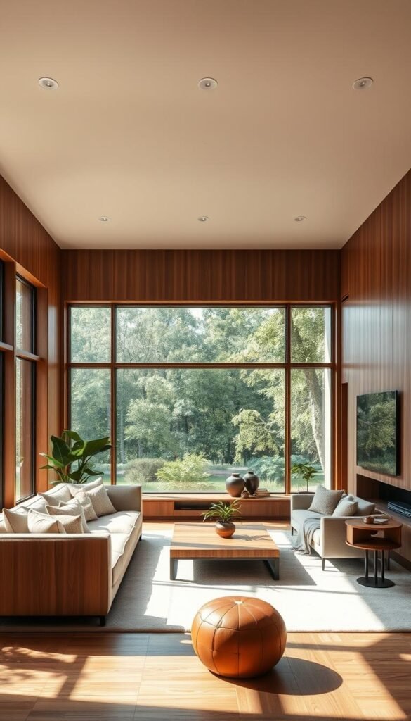 A modern and minimalist living room with warm wood tones, clean lines, and natural light flooding the space.