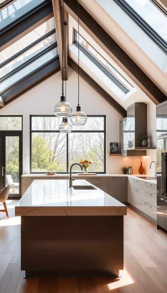 A modern and sleek kitchen island with a minimalist design, featuring a smooth marble or quartz countertop and a clean, streamlined silhouette. The island is illuminated by a series of pendant lights, casting a warm and inviting glow over the space. The kitchen is bathed in natural light, flooding in through large windows or skylights, creating a bright and airy atmosphere. The island is positioned as the central focal point, seamlessly integrated into the overall kitchen layout and complementing the surrounding cabinetry and appliances. The scene conveys a sense of functionality, sophistication, and timeless elegance.