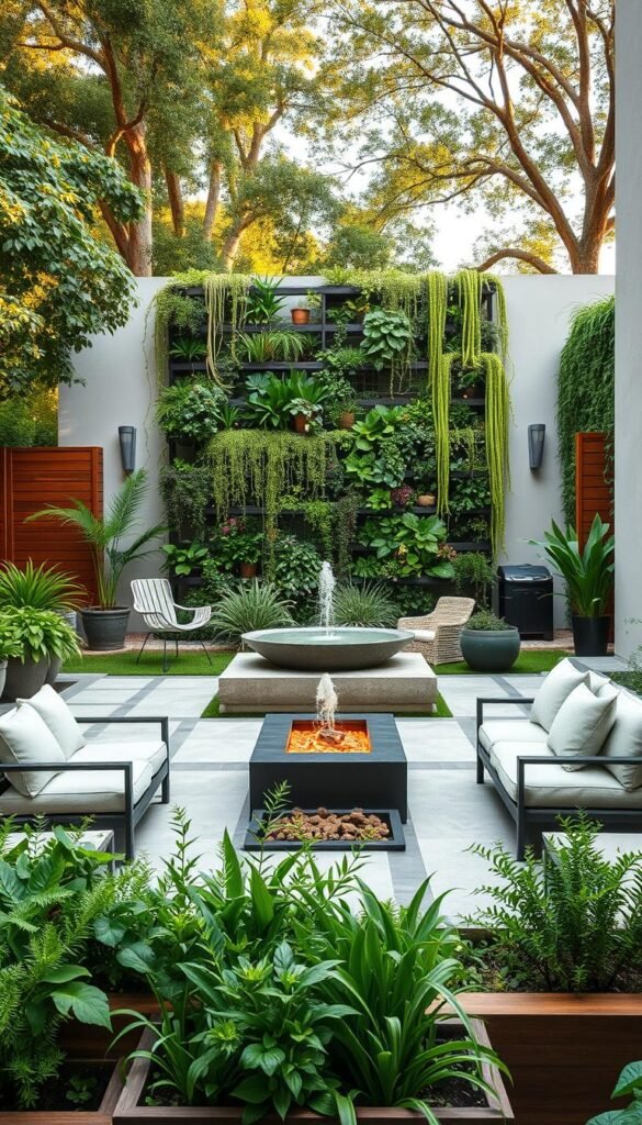 A modern backyard oasis with a lush vertical garden adorning the far wall. The foreground features a well-designed patio with sleek, minimal furniture arranged around a central fire pit. Lush greenery cascades from raised garden beds, adding depth and texture. The middle ground showcases a small pond with a contemporary fountain, surrounded by carefully curated potted plants. In the background, the vertical garden stands tall, its tiered shelves overflowing with a variety of thriving succulents and trailing vines, bathed in warm, natural lighting that filters through the canopy of trees above. An inviting, harmonious space that seamlessly blends the indoors and outdoors.