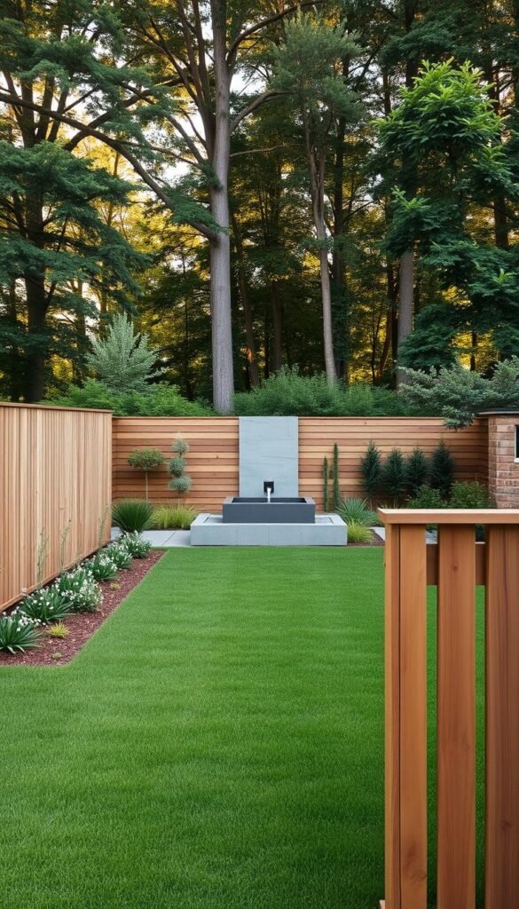 A modern backyard oasis with a sleek and stylish fencing design. The foreground features a minimalist wooden fence with clean lines and a natural, weathered finish, seamlessly blending into the lush greenery. In the middle ground, a well-manicured lawn leads the eye towards a contemporary water feature, its gentle sounds creating a soothing ambiance. The background showcases a backdrop of towering trees, casting a warm, soft light across the entire scene. The overall atmosphere evokes a sense of tranquility and effortless sophistication, perfectly complementing the "Explore Unique Fencing Options" theme.