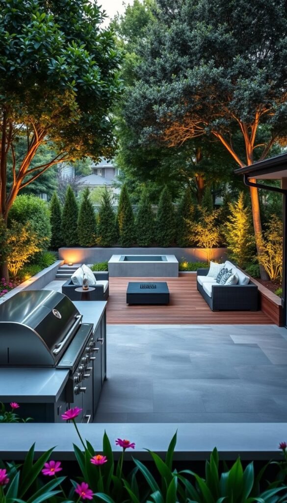 A modern backyard oasis with a sleek outdoor kitchen and cozy seating area. The foreground features a well-appointed patio with a large built-in grill, stainless steel appliances, and ample counter space for entertaining. Lush greenery and vibrant flowers border the patio, creating a lush, inviting atmosphere. In the middle ground, a generously sized wooden deck hosts a comfortable sectional sofa and coffee table, ideal for casual gatherings. The background showcases a minimalist water feature or firepit, flanked by verdant trees and shrubs that provide privacy and a sense of tranquility. Warm, directional lighting highlights the various seating and cooking areas, casting a soft, inviting glow. The overall scene conveys a balance of sophistication and relaxation, perfectly suited for modern backyard entertaining. A modern backyard oasis with a sleek outdoor kitchen and cozy seating area. The foreground features a well-appointed patio with a large built-in grill, stainless steel appliances, and ample counter space for entertaining. Lush greenery and vibrant flowers border the patio, creating a lush, inviting atmosphere. In the middle ground, a generously sized wooden deck hosts a comfortable sectional sofa and coffee table, ideal for casual gatherings. The background showcases a minimalist water feature or firepit, flanked by verdant trees and shrubs that provide privacy and a sense of tranquility. Warm, directional lighting highlights the various seating and cooking areas, casting a soft, inviting glow. The overall scene conveys a balance of sophistication and relaxation, perfectly suited for modern backyard entertaining.