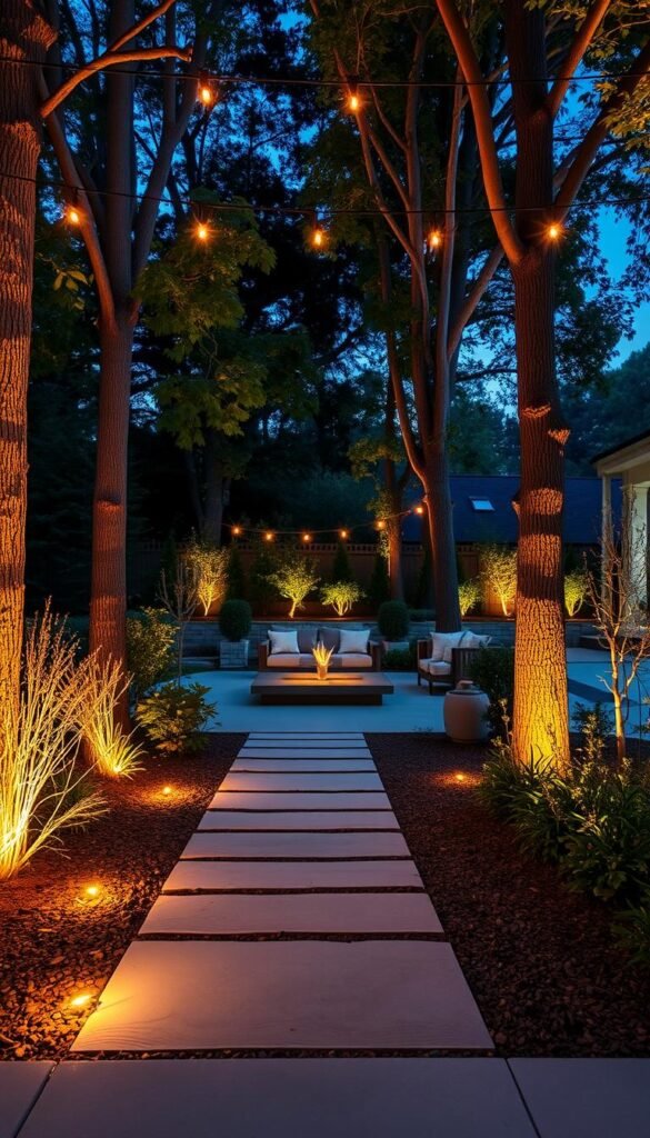 A modern backyard oasis with a sophisticated smart lighting system. In the foreground, warm-toned path lights gently illuminate a stone walkway, leading to a central seating area. Overhead, string lights are delicately strung between tall trees, casting a soft, ambient glow. In the middle ground, a sleek, minimalist water feature reflects the play of light and shadow. In the background, carefully placed accent lights highlight the texture of the landscaping, seamlessly integrating the backyard into the surrounding natural environment. The overall atmosphere is one of tranquility and subtle elegance, creating the perfect setting for relaxation and entertainment.