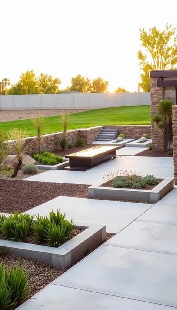 A modern backyard oasis with sleek, geometric hardscaping elements. In the foreground, a minimalist concrete patio with clean lines and subtle textures. Interspersed are raised garden beds with lush, drought-resistant plantings. Midground features a linear water feature, its reflective surface catching the warm, golden light. In the background, a low, stone wall frames the scene, leading the eye towards a manicured lawn. The overall atmosphere is one of tranquil sophistication, blending natural and manmade elements in perfect harmony.