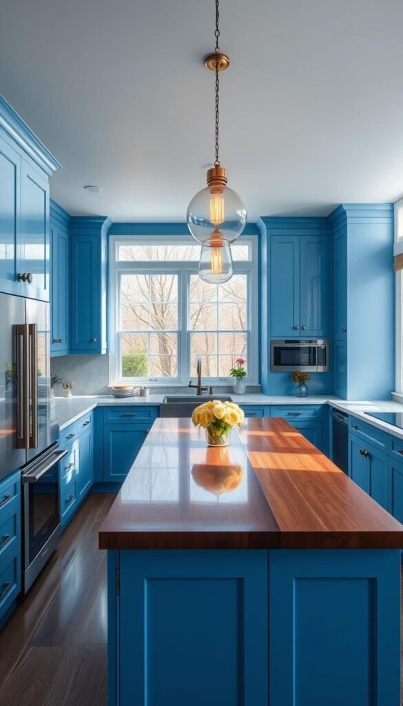 A modern, bright blue kitchen with clean lines and minimalist design. The cabinets feature a soft, muted blue hue that catches the natural light streaming in through large windows, casting a serene, calming atmosphere. Sleek stainless steel appliances and a marble countertop provide a striking contrast, while a central island with a wooden top offers additional prep space. Pendant lights hang overhead, casting a warm glow and highlighting the kitchen's elegant, sophisticated aesthetic. The overall impression is one of tranquility and refined style, perfectly capturing the allure of blue in kitchen design.
