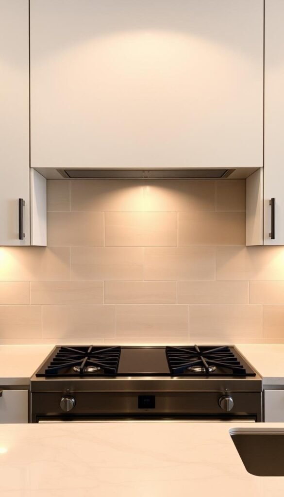 A modern kitchen backsplash with a sleek, minimalist design. The backsplash is made of large, rectangular beige tiles with subtle variations in tone, creating a sophisticated and cohesive look. The tiles are arranged in a simple, linear pattern that extends from the countertop to the cabinets, framing the cooking area. Warm, directional lighting casts a soft glow, highlighting the texture and warmth of the tiles. The backsplash is complemented by clean-lined, light-colored cabinetry and sleek, stainless-steel appliances, creating a harmonious and visually appealing kitchen space.