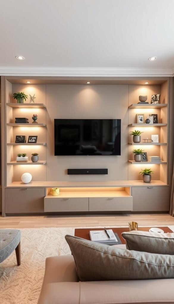 A modern living room with a built-in entertainment unit that seamlessly integrates the TV and surrounding shelves.