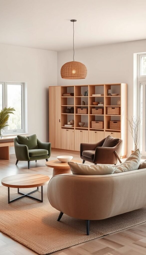 A modern living room with a minimalist yet cozy feel, featuring a collection of organic-shaped furniture pieces in warm, earthy tones.