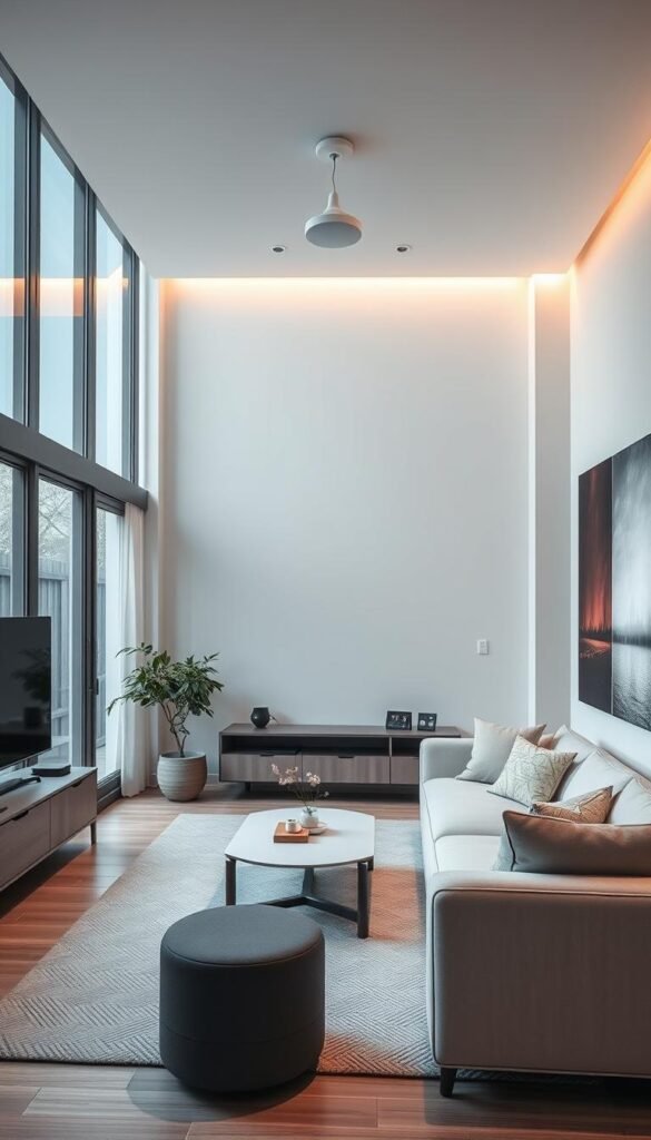 A modern living room with sleek, minimalist furniture and large windows letting in natural light.