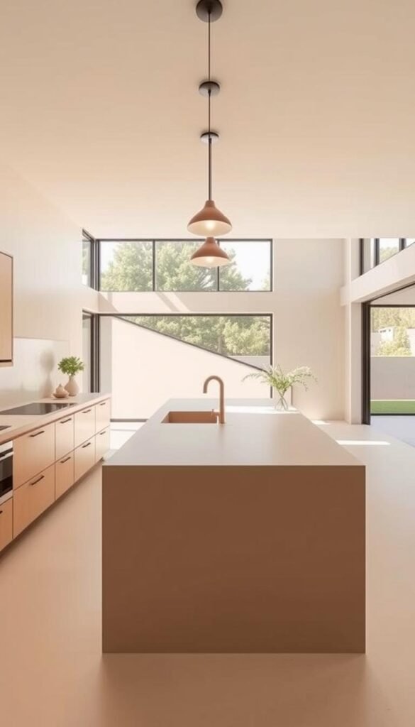 A modern, minimalist kitchen bathed in warm, natural beige tones. In the foreground, sleek, handleless cabinets with a matte finish line the walls, complemented by a seamless beige countertop that flows effortlessly. Centered is a large, minimalist island with a clean, uncluttered design. Overhead, a pair of subtle pendant lights cast a soft, ambient glow, illuminating the space. In the background, large windows allow natural light to flood the room, creating a bright, airy atmosphere. The overall mood is one of understated elegance and refined simplicity, reflecting the beauty of the beige palette.