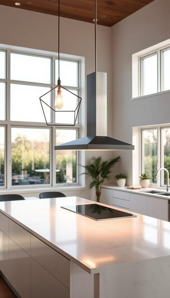 A modern, minimalist kitchen island with a sleek, pendant lighting fixture suspended above. The pendant light features a simple, geometric design with a metallic finish that casts a warm, ambient glow across the island's quartz countertop. The kitchen is bathed in natural light from large windows, creating a bright and airy atmosphere. The pendant light is positioned centrally over the island, providing ample illumination for meal preparation and casual dining. The overall scene conveys a sense of contemporary elegance and sophisticated functionality.