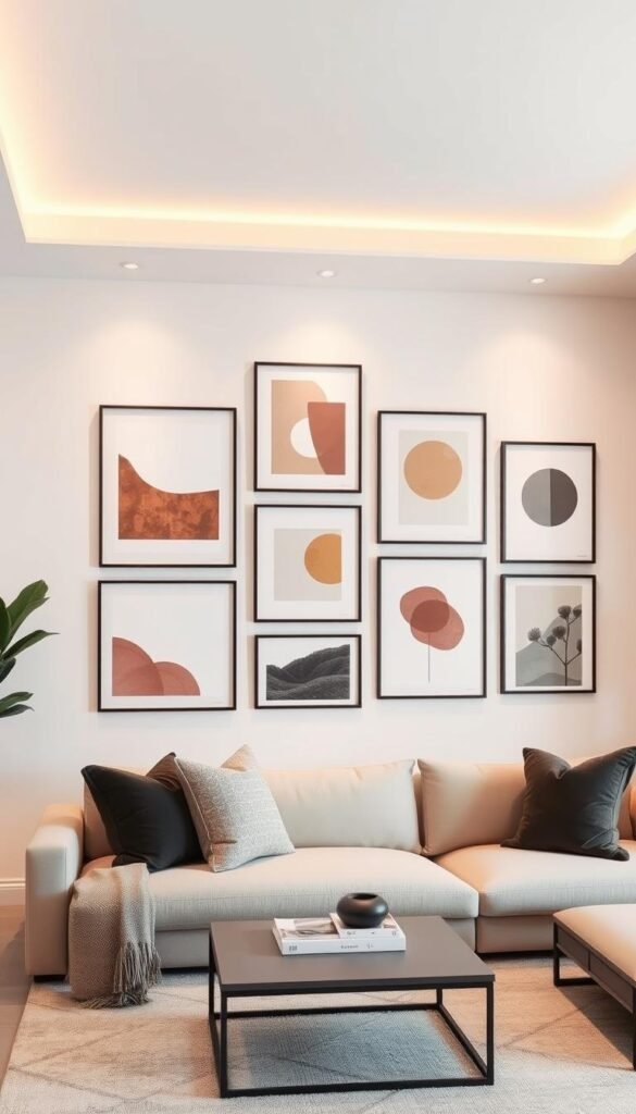 A modern, minimalist living room featuring a gallery wall of abstract art prints in a variety of muted hues and geometric shapes.