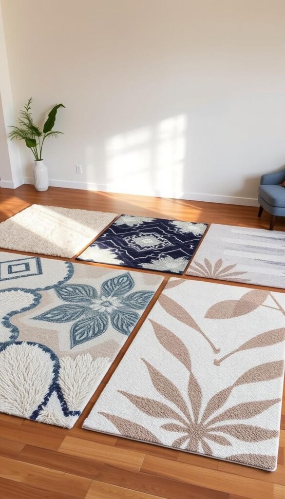 A modern, minimalist living room with a collection of trending rug styles laid out in an artful arrangement.