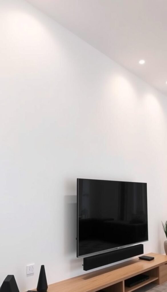 A modern, minimalist wall-mounted TV with a sleek, floating design.