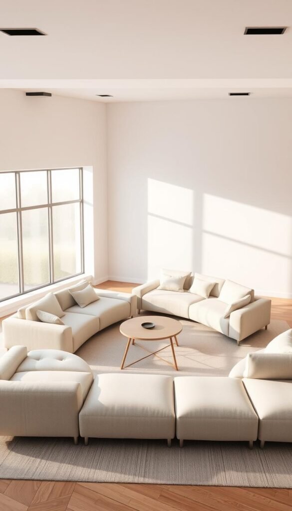 A modern, modular sofa arrangement in a minimalist living room setting.