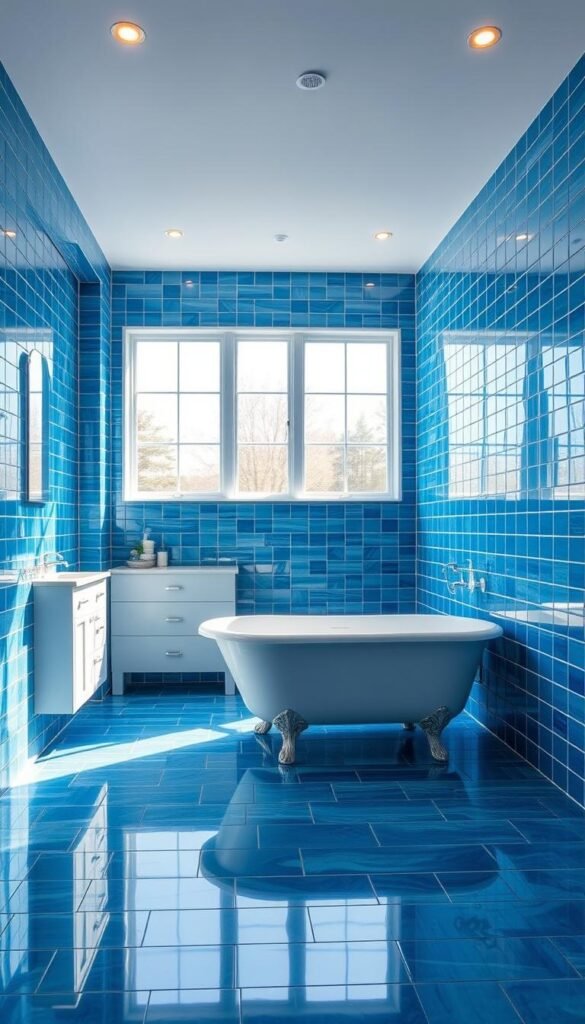 A modern, sleek bathroom with a vibrant blue tile pattern covering the walls.