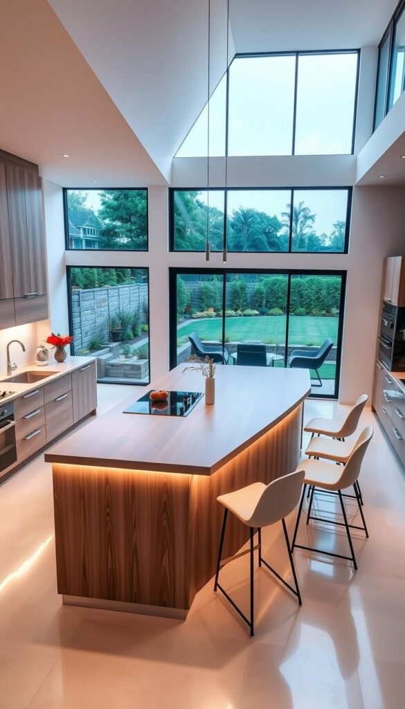A modern, sophisticated kitchen island with a sleek, minimalist design, featuring a large, rectangular countertop in a light, natural wood tone. The island is positioned in the center of the kitchen, with comfortable, ergonomic stools neatly arranged around it, inviting guests to gather and converse. The lighting above the island is soft and ambient, creating a warm, welcoming atmosphere. The kitchen is filled with natural light, streaming in through large windows that overlook a beautifully landscaped outdoor space. The overall mood is one of elegance, functionality, and contemporary style.
