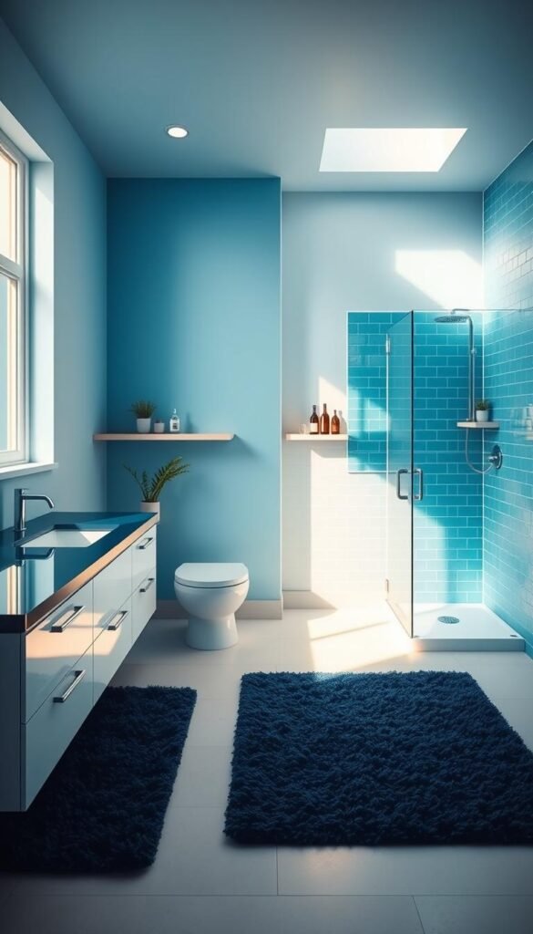 A modern, well-lit blue bathroom with a sleek, minimalist design.