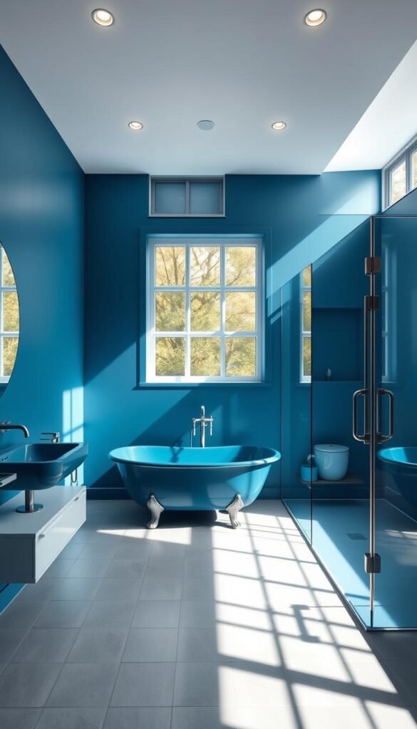 A modern, well-lit blue bathroom with sleek, minimalist fixtures.