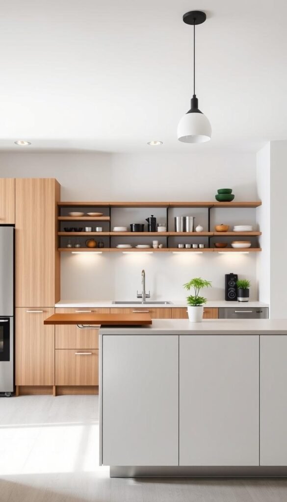 A modern, well-lit kitchen with sleek, space-saving furniture solutions. In the foreground, a multi-functional island with built-in storage cabinets and a fold-out table. In the middle ground, a wall-mounted shelving unit with neatly arranged kitchen essentials. The background features a minimalist backsplash and understated pendant lighting, creating a harmonious, efficient environment. The overall mood is one of clean, organized functionality, reflecting the key to maximizing style and function in a small kitchen space.