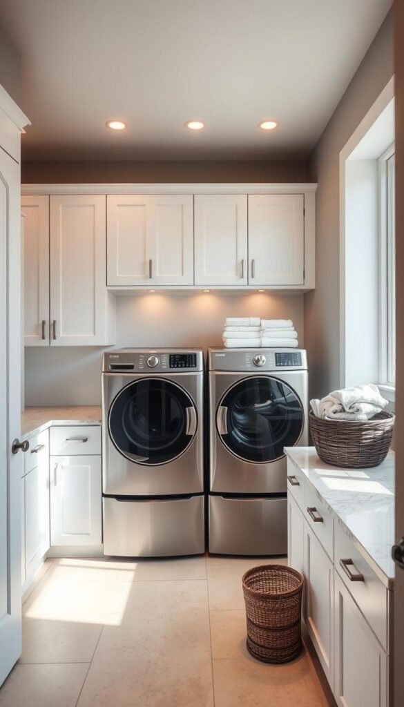 A modern, well-lit laundry room with sleek, white cabinetry and a quartz countertop. The room features a large, stainless steel washing machine and dryer, neatly arranged side-by-side. On the countertop, a selection of neatly folded towels and a stylish laundry basket. The walls are painted a soft, soothing gray, and the floor is covered in a durable, light-colored tile. Ample task lighting illuminates the space, creating a warm, inviting atmosphere. A large window lets in natural light, providing a bright and airy feel to the room. The overall design is minimalist and functional, reflecting the evolution of laundry spaces in contemporary homes.