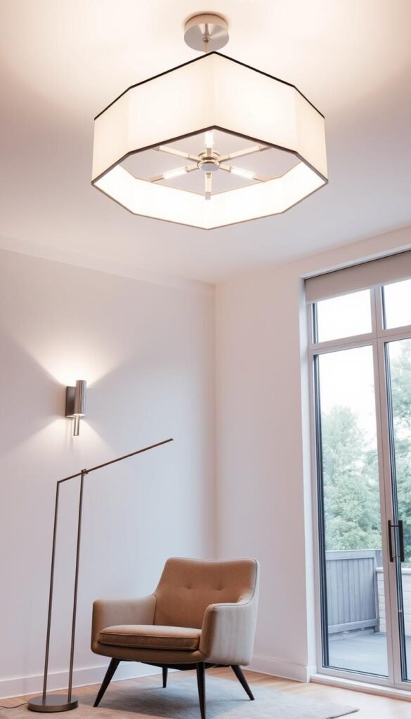 A modern, well-lit living room featuring a variety of sleek, contemporary lighting fixtures.