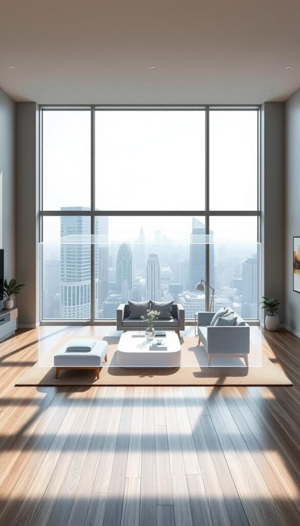 A modern, well-lit living room with a large window overlooking a city skyline.