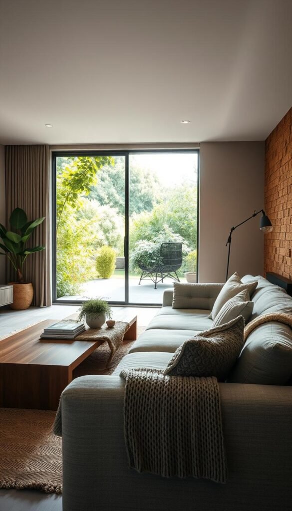 A modern, well-lit living room with natural elements seamlessly integrated.