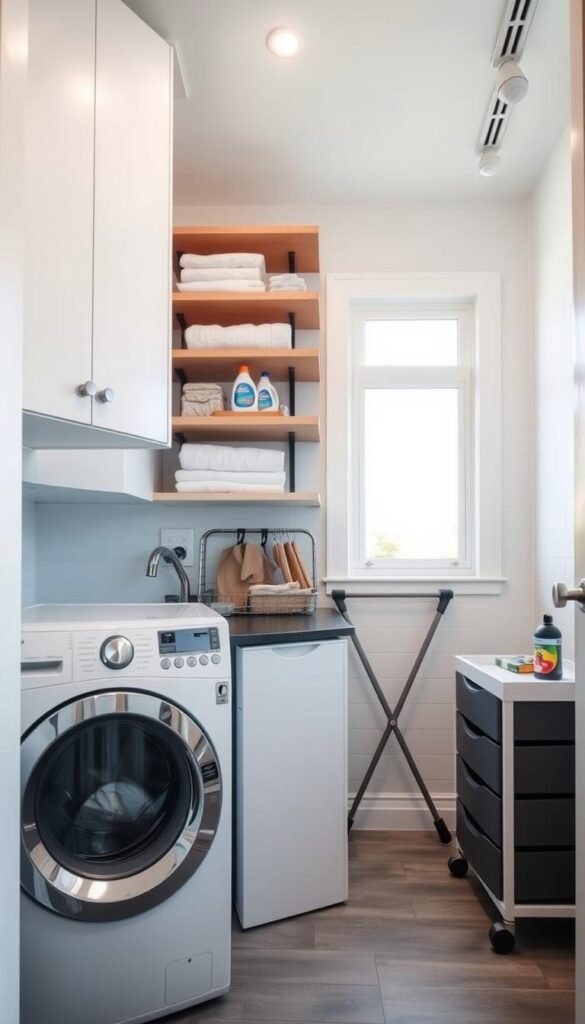 A modern, well-organized small laundry room with smart, compact storage solutions. In the foreground, a stacked washer and dryer unit with sleek, minimalist design. Floating shelves above hold neatly folded linens and detergents. In the middle ground, a foldable drying rack and a rolling utility cart with drawers for supplies. The background features a crisp white tile backsplash, energy-efficient track lighting, and a window allowing natural light to brighten the space. The overall atmosphere is one of calm efficiency, with every item in its place for a clutter-free, functional laundry room.
