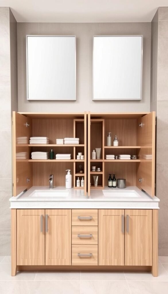 A modern, well-organized vanity with an abundance of built-in storage.