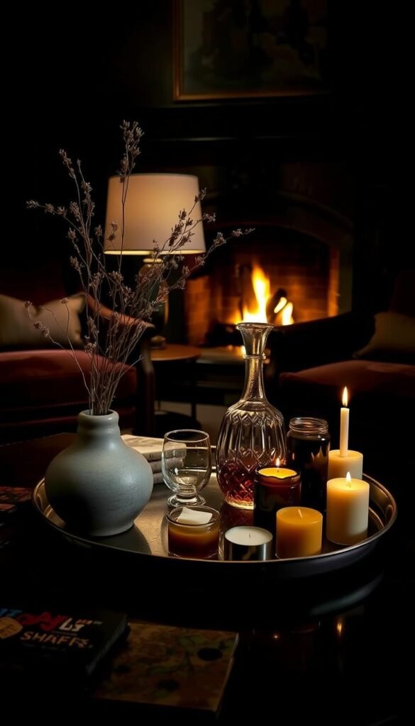 A moody and intimate living room, dimly lit by a single vintage table lamp.