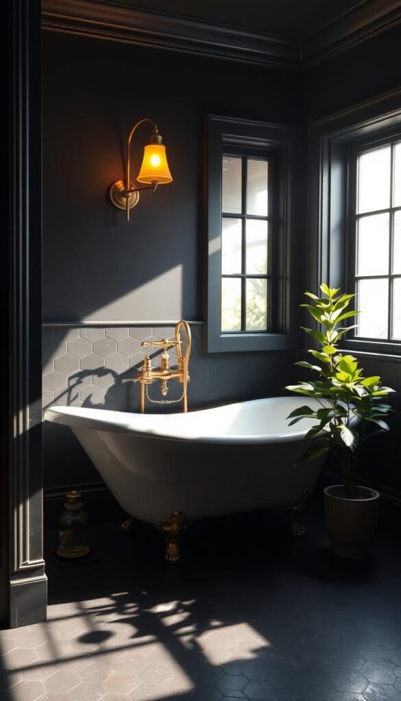 A moody bathroom design featuring a clawfoot tub nestled in a dimly lit corner, surrounded by black hexagonal tiles on the walls and floor.